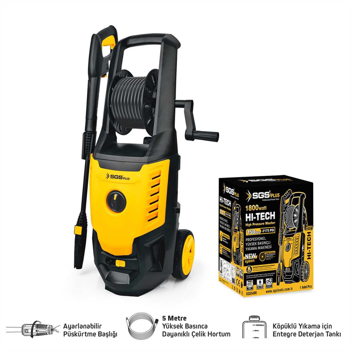 SGS Basınçlı Yıkama Makinası 1800 Watt/150BAR 5 Metre ✓